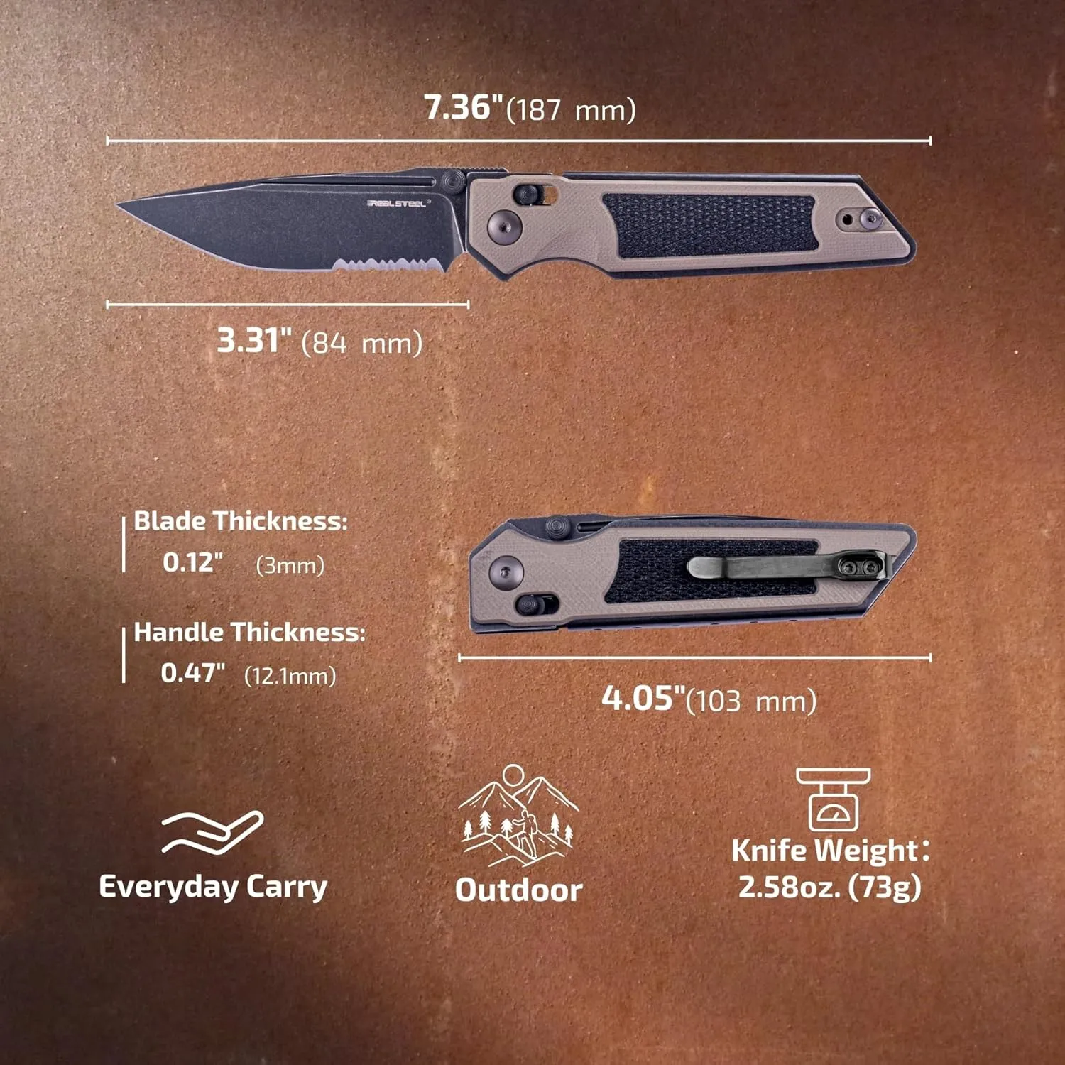 REALSTEEL SACRA Pocket Knife,Folding Knife,Crossbar Lock,3.31"Böhler K110 Steel Blade,Thumb Stud,G10/Micarta Handle,2.58oz,Pocket Clip,EDC Outdoor Indoor,Gifts for Men Women Camping Hiking(Serrated Black/Coyote G10)