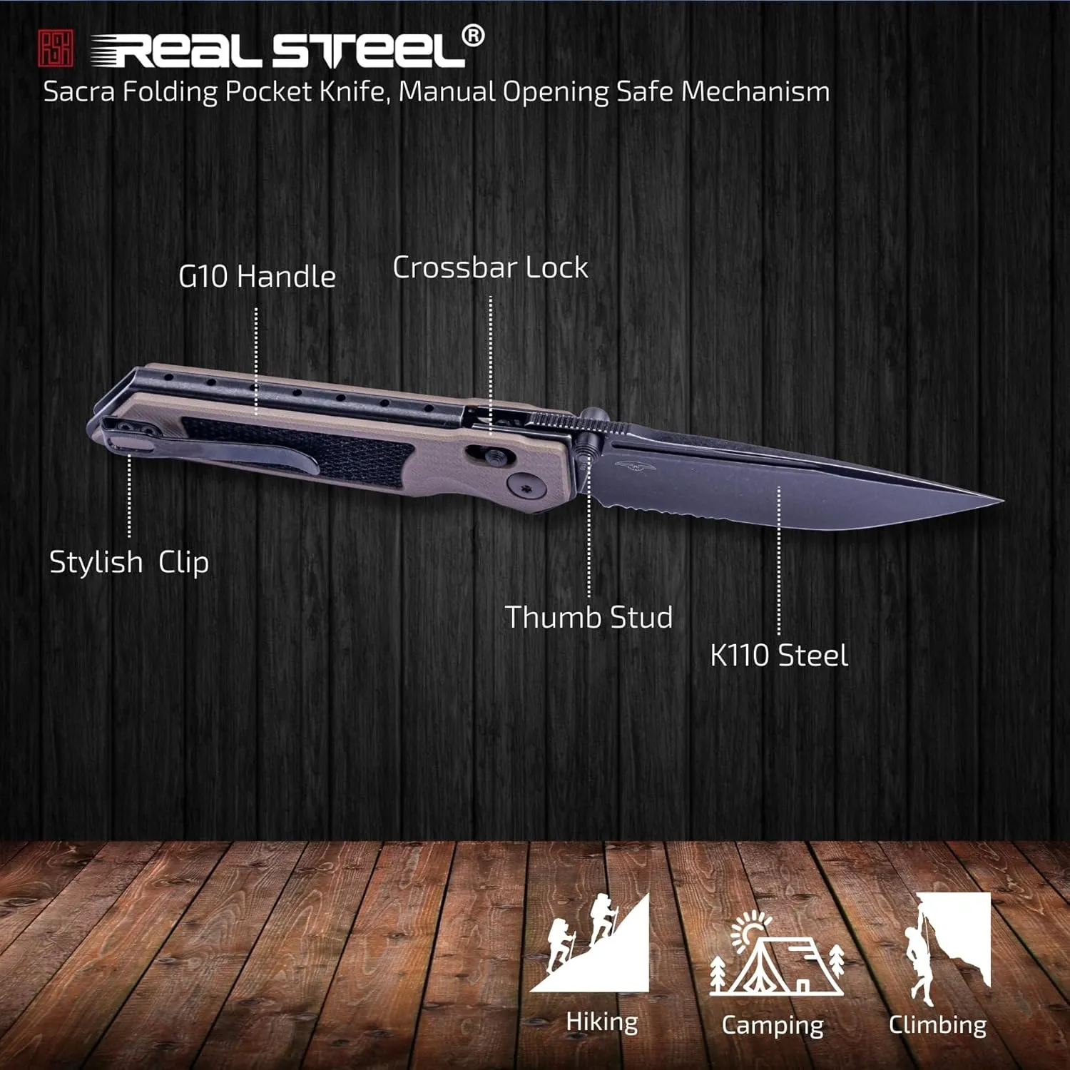 REALSTEEL SACRA Pocket Knife,Folding Knife,Crossbar Lock,3.31"Böhler K110 Steel Blade,Thumb Stud,G10/Micarta Handle,2.58oz,Pocket Clip,EDC Outdoor Indoor,Gifts for Men Women Camping Hiking(Serrated Black/Coyote G10)