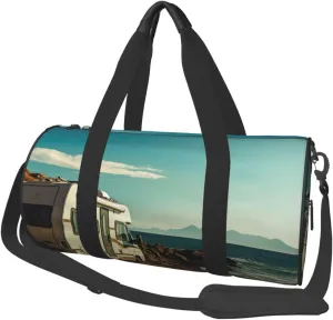 Recreational vehicle on sea coast Travel Duffle Bag Carry On Weekender Overnight Bag Sport Gym Bag for Women Men Foldable Travel Duffle Round Duffle Bag for Travel Sports Gym