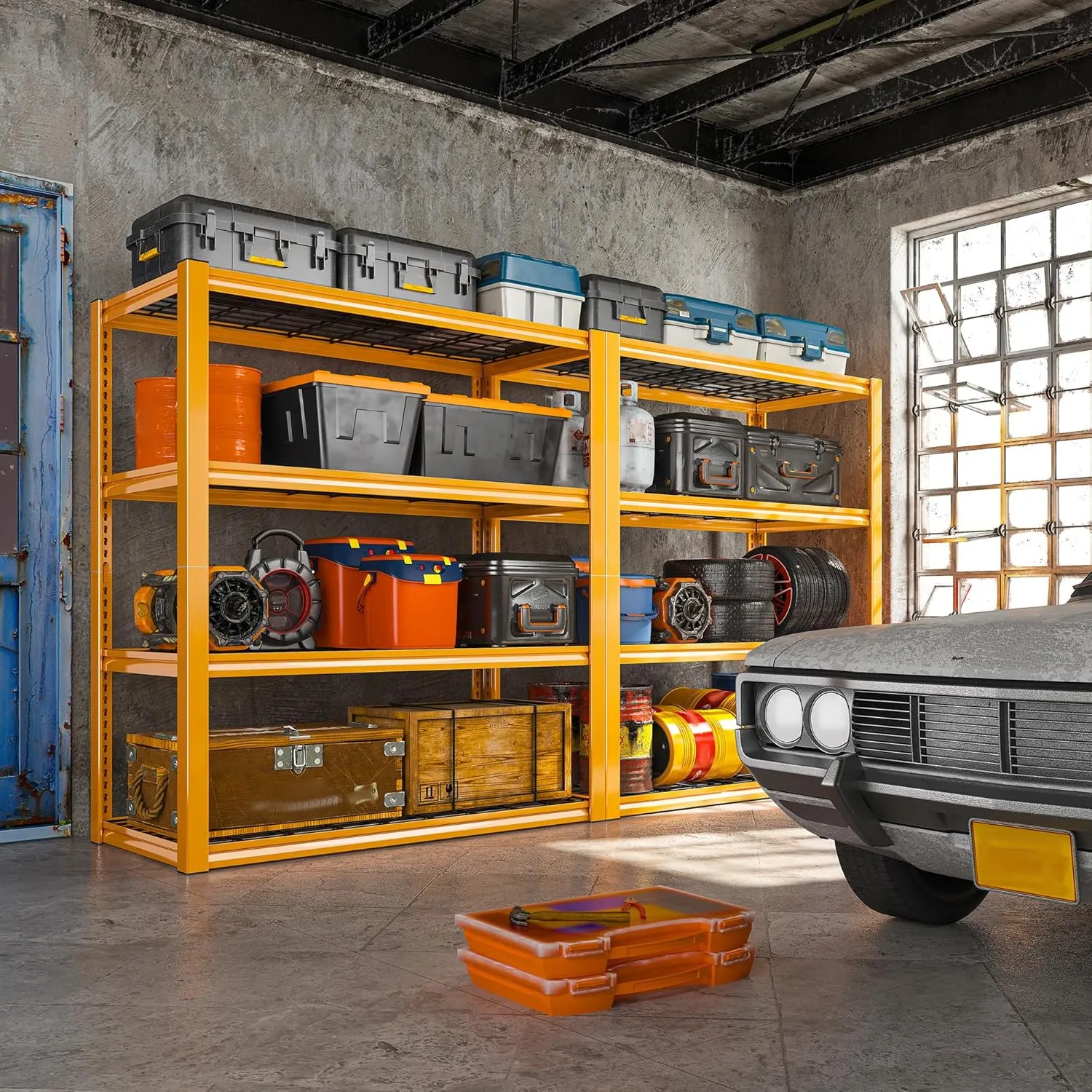 REIBII 40" W Garage Shelving Heavy Duty Metal Shelving 2200LBS Storage Shelves 4 Tier Garage Shelves Adjustable Metal Shelf for Warehouse Basement Pantry Kitchen 40" W x 19.7" D x 59.9" H, Orange