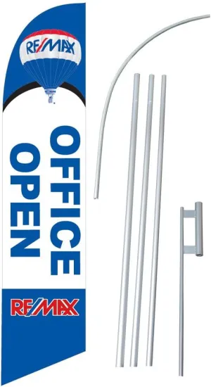 Remax Open Office White/Blue 12-Foot Super Swooper Feather Flag with Heavy-Duty 15-Foot Pole and Ground Spike