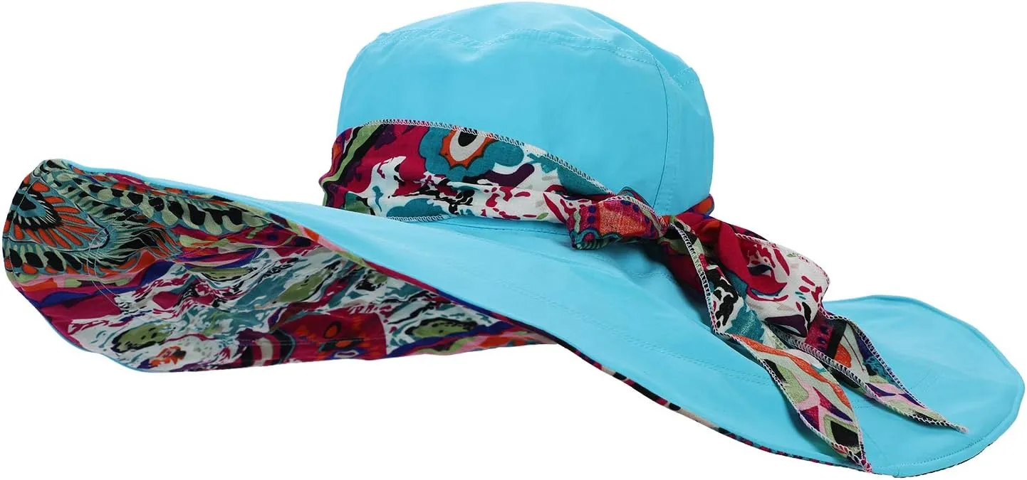 Reversible Beach Sun Hat Women Cowboy Floral Summer UPF 50  Windproof Ribbon Cap
