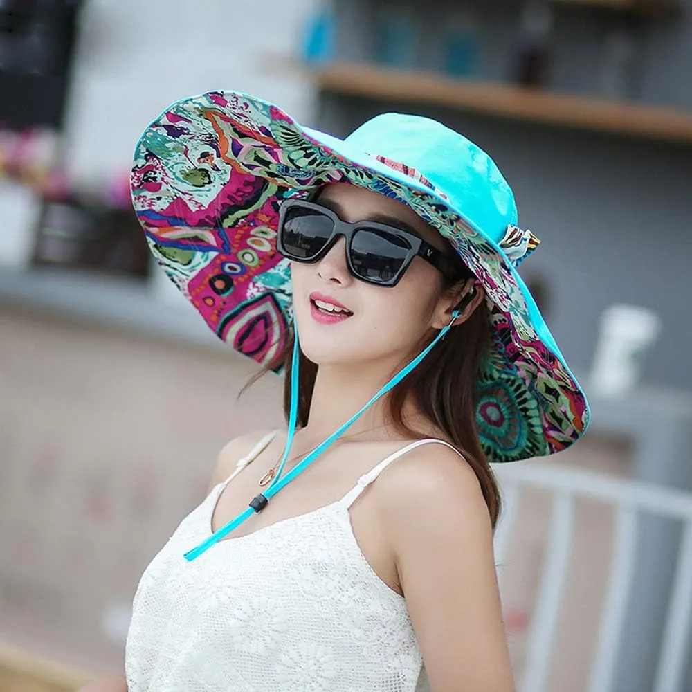 Reversible Beach Sun Hat Women Cowboy Floral Summer UPF 50  Windproof Ribbon Cap