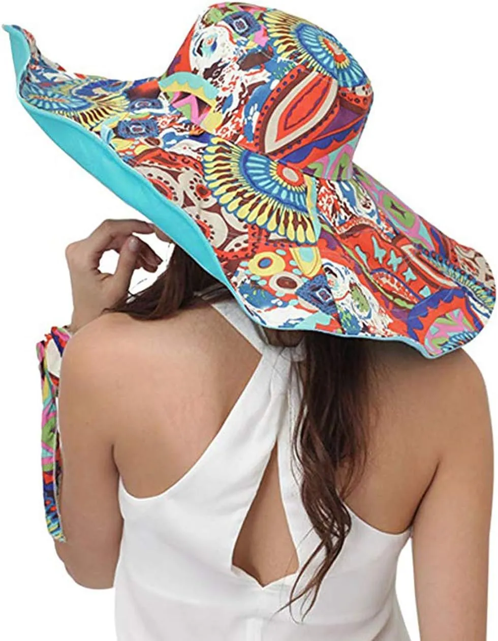 Reversible Beach Sun Hat Women Cowboy Floral Summer UPF 50  Windproof Ribbon Cap
