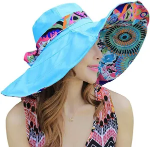 Reversible Beach Sun Hat Women Cowboy Floral Summer UPF 50  Windproof Ribbon Cap