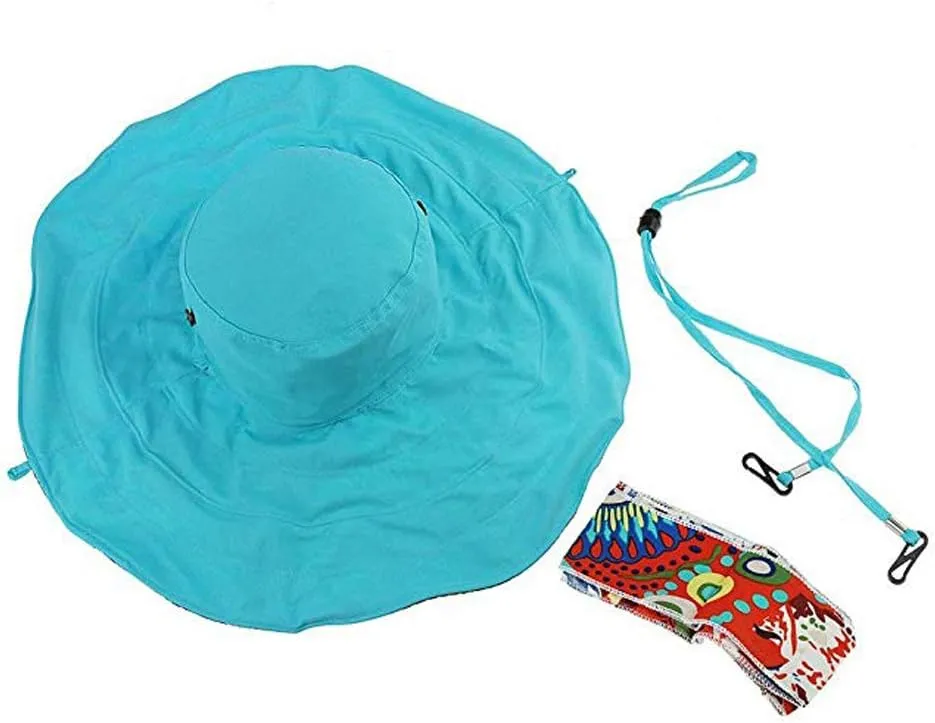 Reversible Beach Sun Hat Women Cowboy Floral Summer UPF 50  Windproof Ribbon Cap