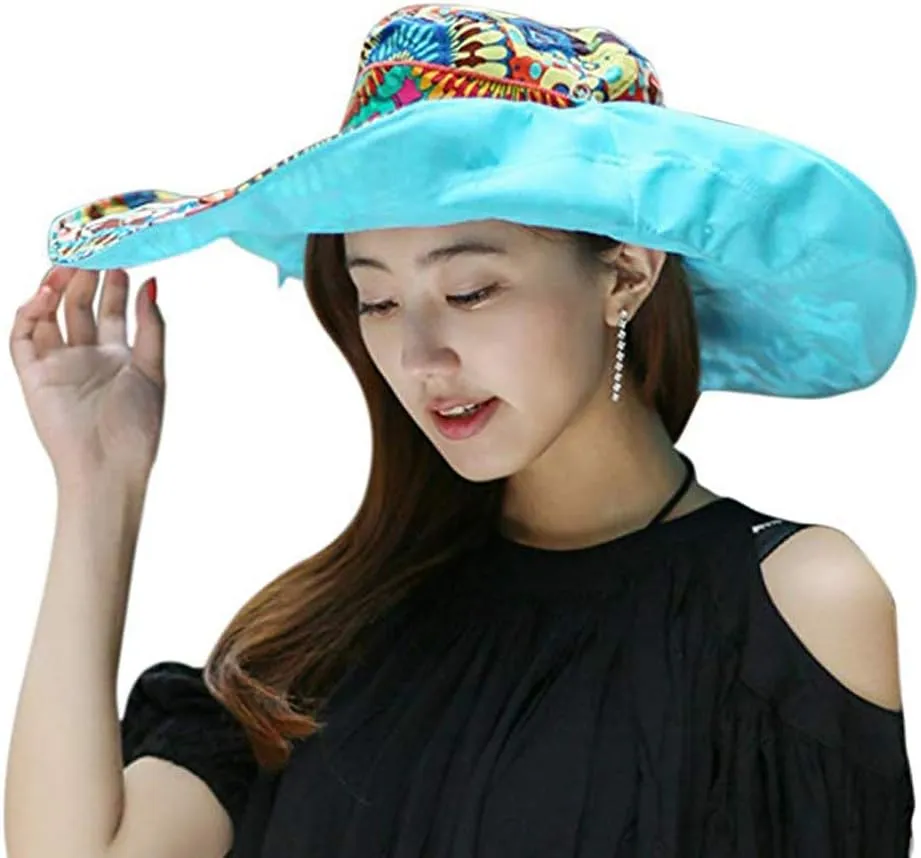 Reversible Beach Sun Hat Women Cowboy Floral Summer UPF 50  Windproof Ribbon Cap