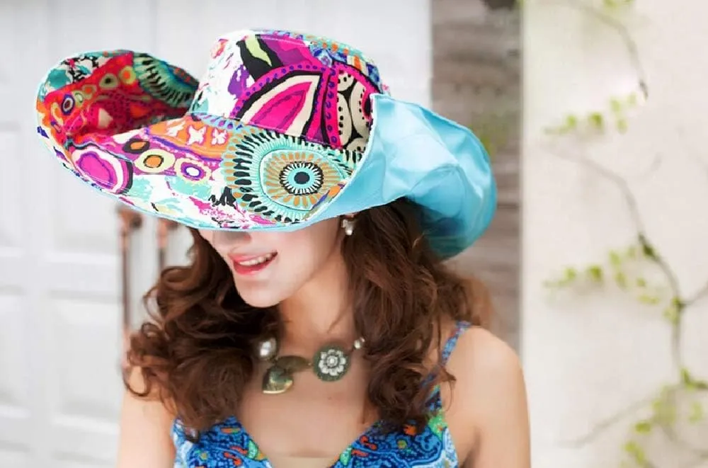 Reversible Beach Sun Hat Women Cowboy Floral Summer UPF 50  Windproof Ribbon Cap
