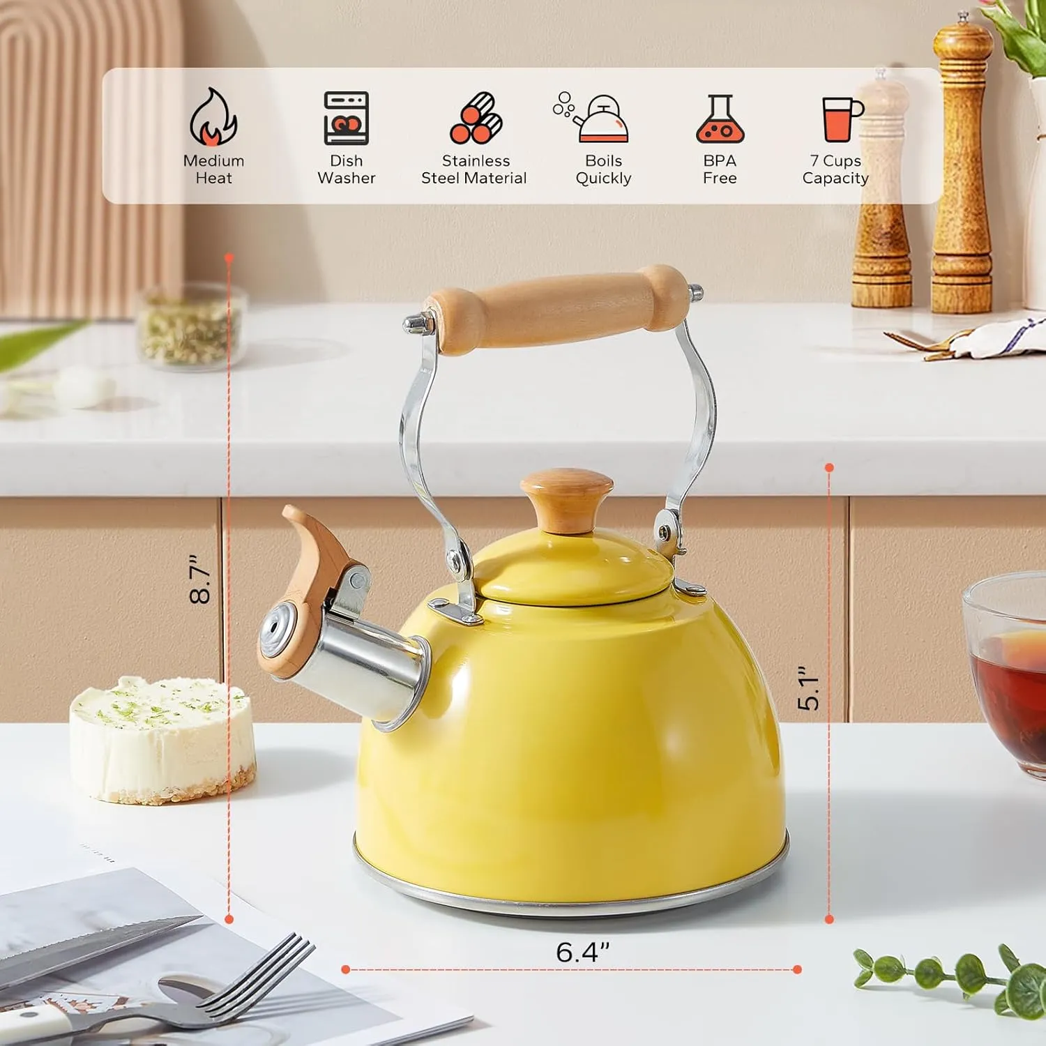 ROCKURWOK Tea Kettle, Tea Pot with Cool Touch Ergonomic Handle, Teapot Food Grade Stainless Steel, Tea Kettle Stovetop, Kettle Teapot, Whistling Tea Kettle, Small Tea Kettle, 1.6 Quart (Yellow)