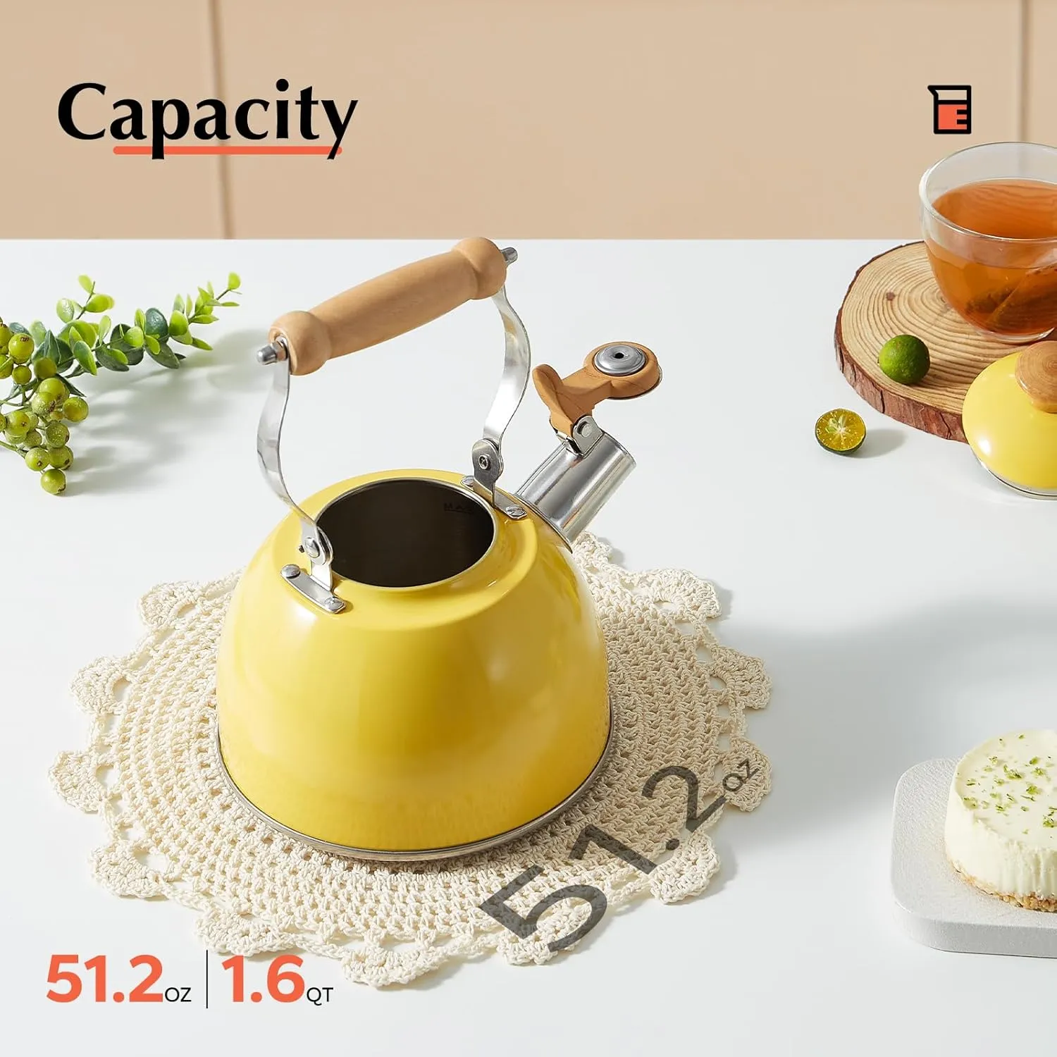 ROCKURWOK Tea Kettle, Tea Pot with Cool Touch Ergonomic Handle, Teapot Food Grade Stainless Steel, Tea Kettle Stovetop, Kettle Teapot, Whistling Tea Kettle, Small Tea Kettle, 1.6 Quart (Yellow)