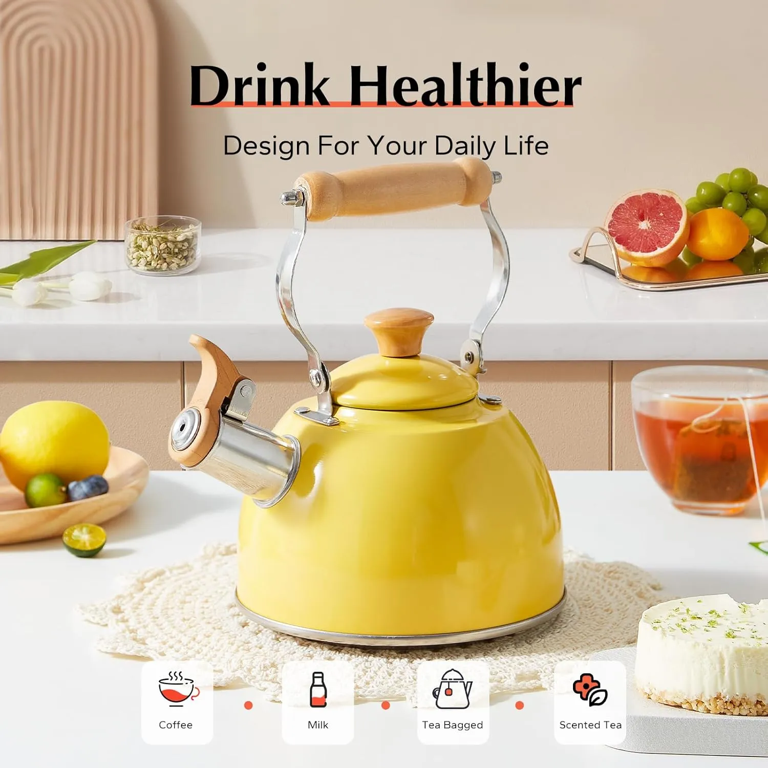 ROCKURWOK Tea Kettle, Tea Pot with Cool Touch Ergonomic Handle, Teapot Food Grade Stainless Steel, Tea Kettle Stovetop, Kettle Teapot, Whistling Tea Kettle, Small Tea Kettle, 1.6 Quart (Yellow)