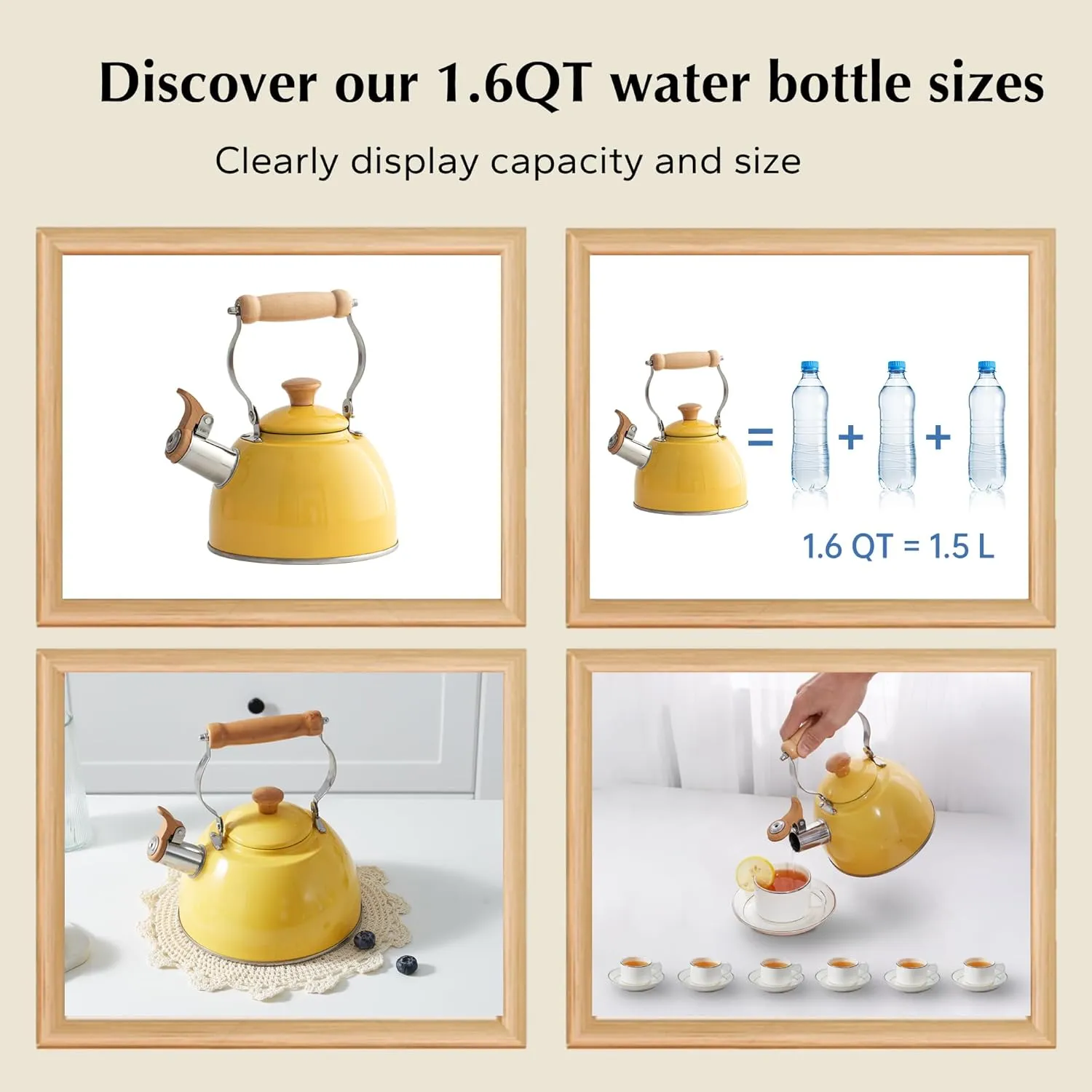 ROCKURWOK Tea Kettle, Tea Pot with Cool Touch Ergonomic Handle, Teapot Food Grade Stainless Steel, Tea Kettle Stovetop, Kettle Teapot, Whistling Tea Kettle, Small Tea Kettle, 1.6 Quart (Yellow)