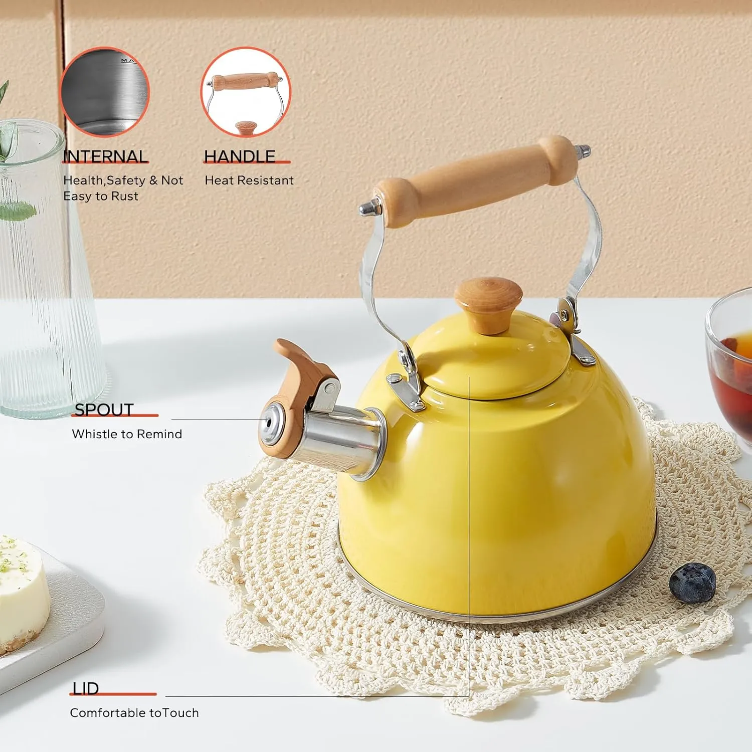 ROCKURWOK Tea Kettle, Tea Pot with Cool Touch Ergonomic Handle, Teapot Food Grade Stainless Steel, Tea Kettle Stovetop, Kettle Teapot, Whistling Tea Kettle, Small Tea Kettle, 1.6 Quart (Yellow)