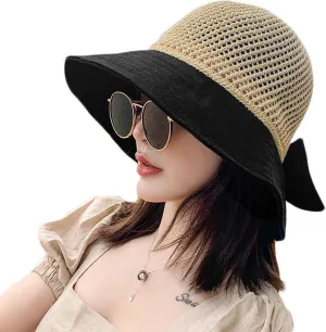 Roll Up Women's Girl's Floppy Summer Sun Beach Hat Foldable Wide Brim with Ribbon Fisherman Bucket Hat