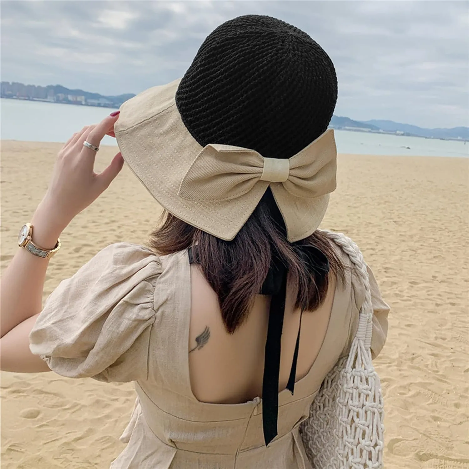 Roll Up Women's Girl's Floppy Summer Sun Beach Hat Foldable Wide Brim with Ribbon Fisherman Bucket Hat