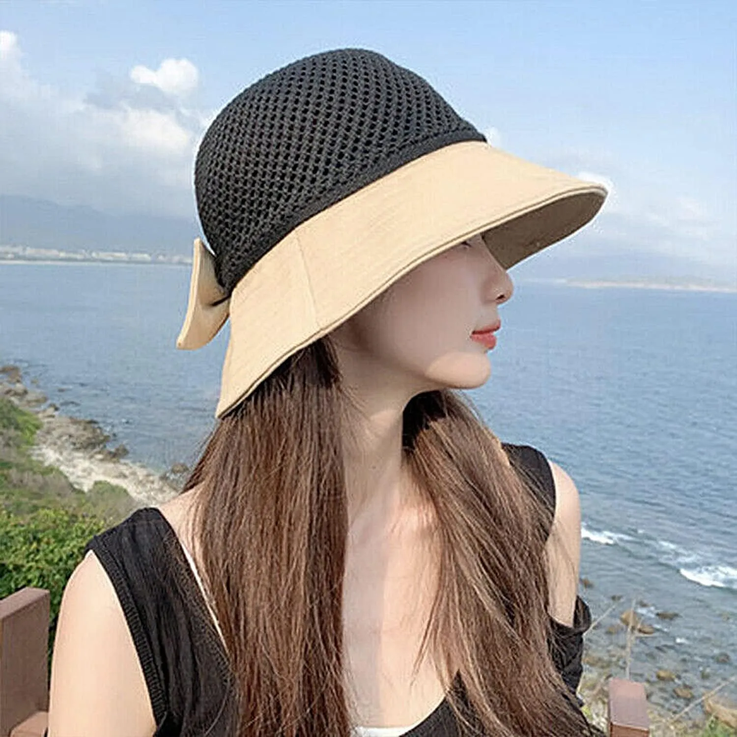 Roll Up Women's Girl's Floppy Summer Sun Beach Hat Foldable Wide Brim with Ribbon Fisherman Bucket Hat
