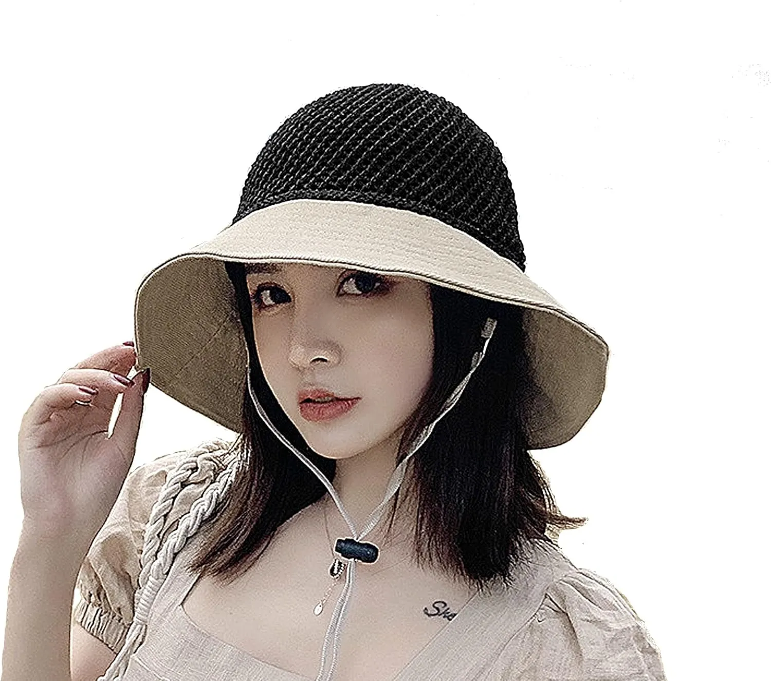 Roll Up Women's Girl's Floppy Summer Sun Beach Hat Foldable Wide Brim with Ribbon Fisherman Bucket Hat