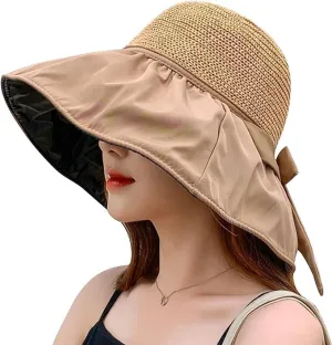 Roll Up Women's Girl's Floppy Summer Sun Beach Hat Foldable Wide Brim with Ribbon Fisherman Bucket Hat