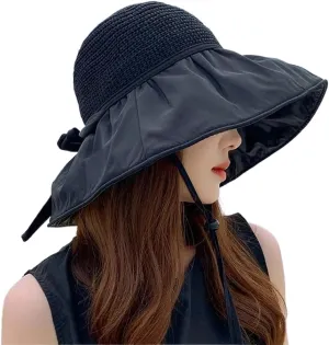 Roll Up Women's Girl's Floppy Summer Sun Beach Hat Foldable Wide Brim with Ribbon Fisherman Bucket Hat