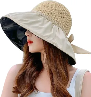 Roll Up Women's Girl's Floppy Summer Sun Beach Hat Foldable Wide Brim with Ribbon Fisherman Bucket Hat
