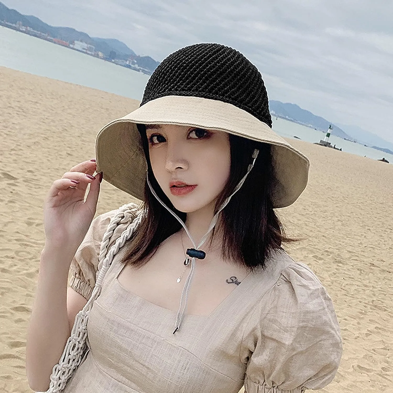 Roll Up Women's Girl's Floppy Summer Sun Beach Hat Foldable Wide Brim with Ribbon Fisherman Bucket Hat