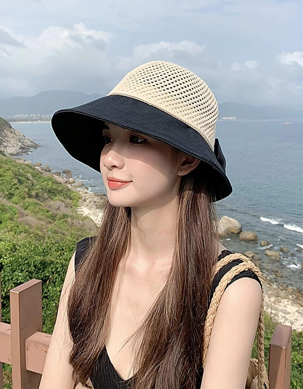 Roll Up Women's Girl's Floppy Summer Sun Beach Hat Foldable Wide Brim with Ribbon Fisherman Bucket Hat