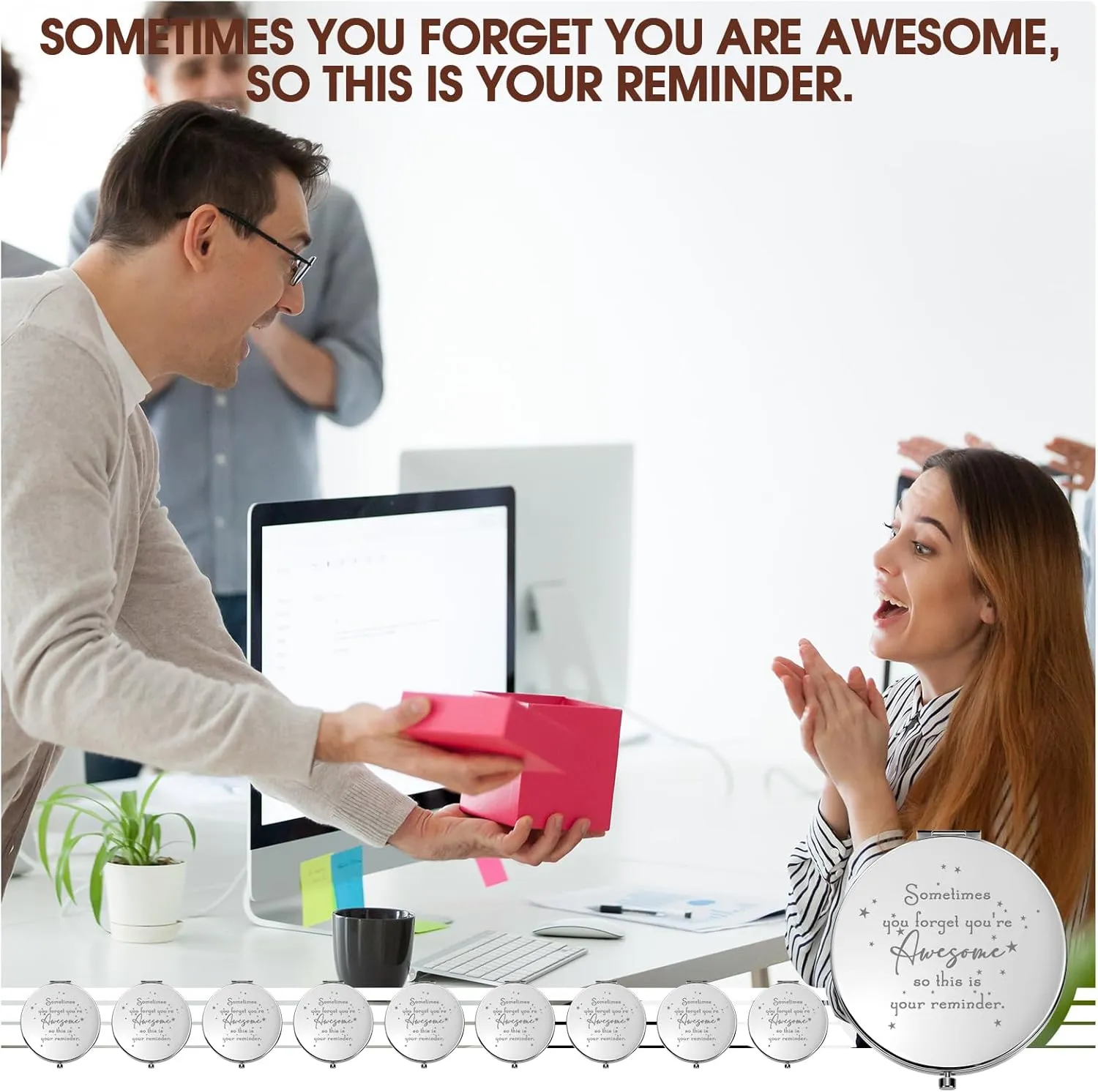 Roowest 20 Pcs Inspirational Compact Mirror Sometimes You Forget You're Awesome Appreciation Gifts for Women Employee Coworker Friends Birthday Party Favors Magnifying Pocket Mirror (White)