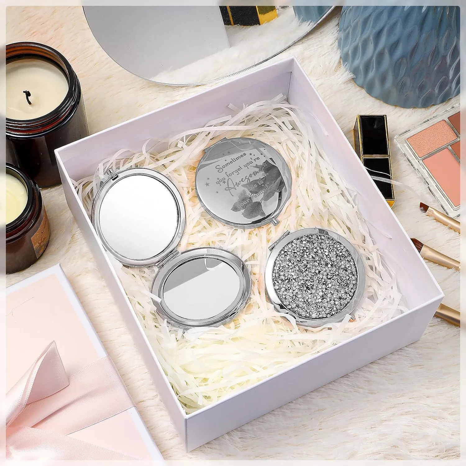 Roowest 20 Pcs Inspirational Compact Mirror Sometimes You Forget You're Awesome Appreciation Gifts for Women Employee Coworker Friends Birthday Party Favors Magnifying Pocket Mirror (White)