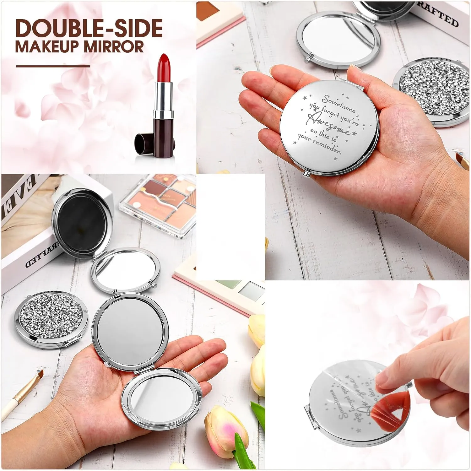 Roowest 20 Pcs Inspirational Compact Mirror Sometimes You Forget You're Awesome Appreciation Gifts for Women Employee Coworker Friends Birthday Party Favors Magnifying Pocket Mirror (White)