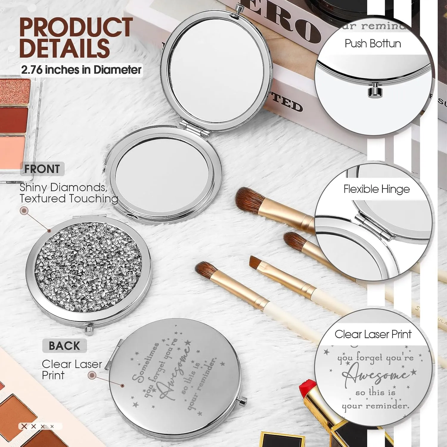 Roowest 20 Pcs Inspirational Compact Mirror Sometimes You Forget You're Awesome Appreciation Gifts for Women Employee Coworker Friends Birthday Party Favors Magnifying Pocket Mirror (White)