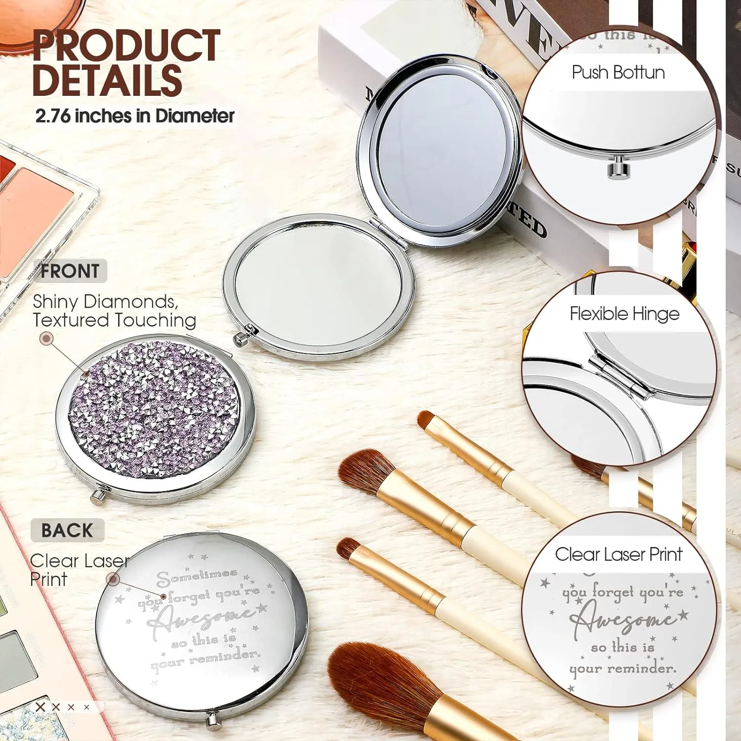 Roowest 30 Pcs Inspirational Compact Mirror Sometimes You Forget You're Awesome Appreciation Gifts for Women Employee Coworker Friends Birthday Party Favors Magnifying Pocket Mirror (Light Purple)