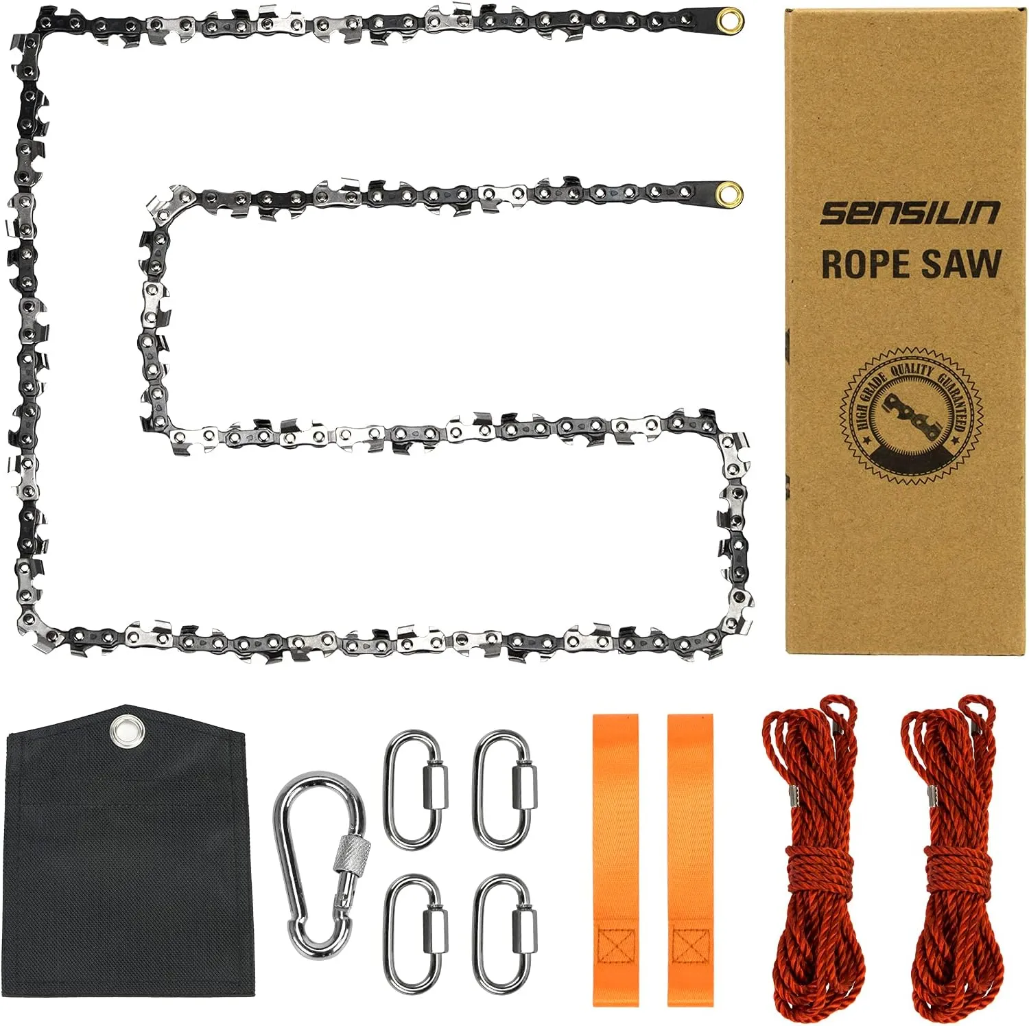 Rope Saw Tree Saw High Limb, 48 Inch High Reach Tree Limb Hand Rope Chain Saw with 46 Feet Ropes, 62 Sharp Teeth Blades on Both Sides Folding Pocket Chainsaw