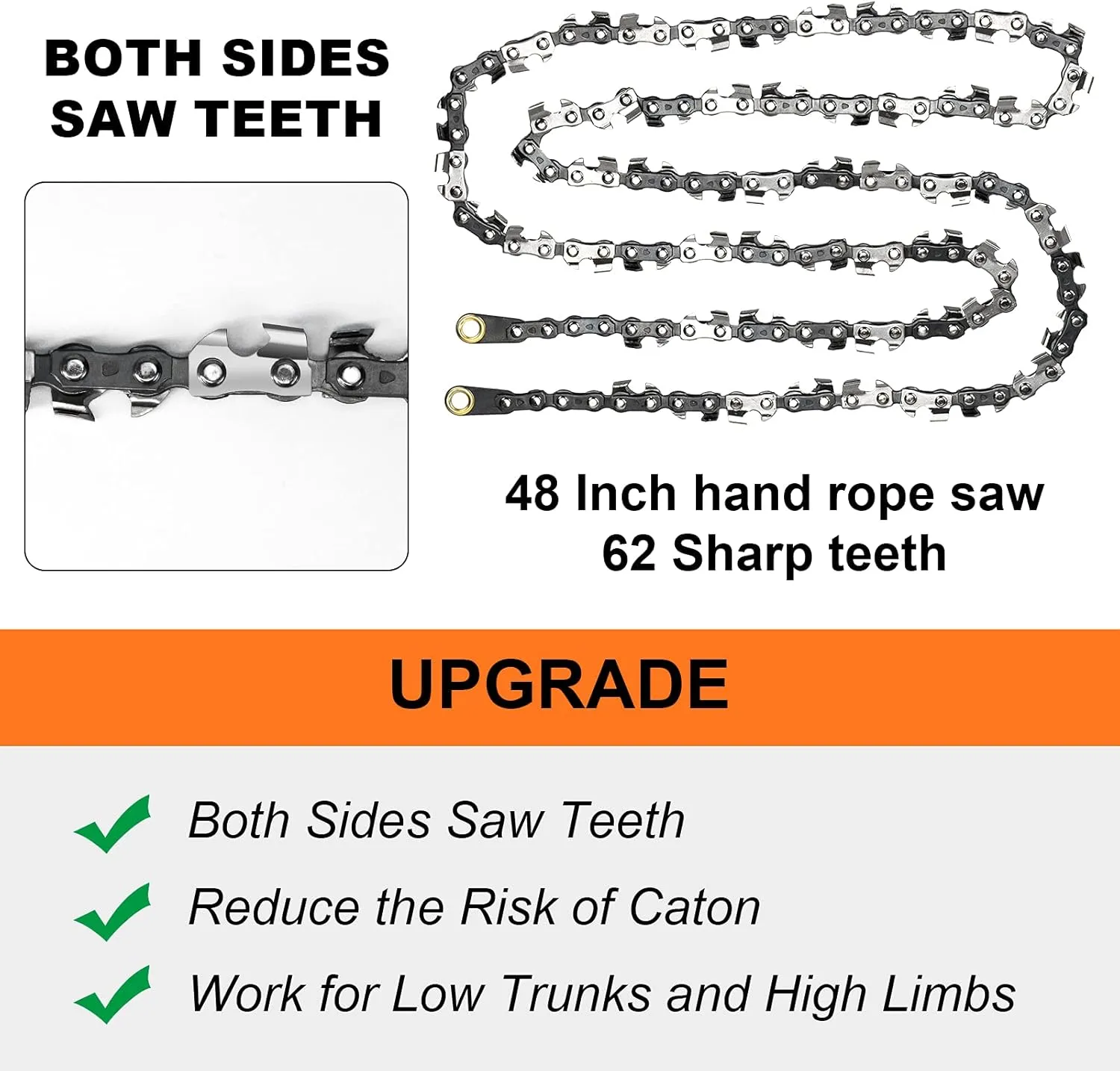 Rope Saw Tree Saw High Limb, 48 Inch High Reach Tree Limb Hand Rope Chain Saw with 46 Feet Ropes, 62 Sharp Teeth Blades on Both Sides Folding Pocket Chainsaw