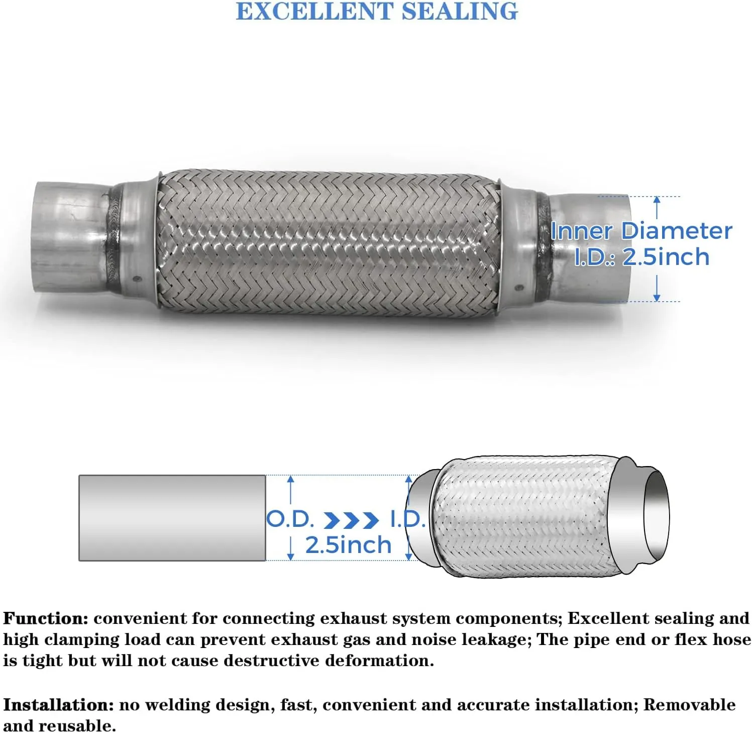 RP Remarkable Power, RK7547 Exhaust Flex Pipe 2.5" x 10" Heavy Duty Stainless Steel 14" OL, 2 Pack