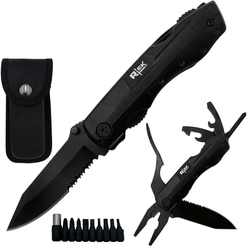 Rtek 4.5" Multi Tool Pocket Knife with Pliers Bottle Opener Screwdrivers & Sheath for Outdoor, Survival, EDC, Camping, and Every Day Carry, Gifts for Men (Black)