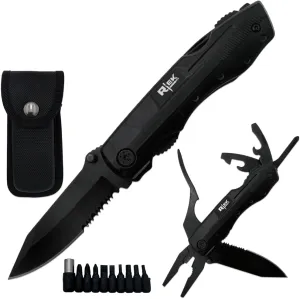 Rtek 4.5" Multi Tool Pocket Knife with Pliers Bottle Opener Screwdrivers & Sheath for Outdoor, Survival, EDC, Camping, and Every Day Carry, Gifts for Men (Black)