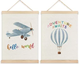 RYYCDOI Hot Air Balloon Airplane Nursery Decor, Baby Boy Nursery Wall Decor, Airplane Hot Air Balloon Decor for Boys Room Nursery Toddler Playroom Hanging Sign, 12x16 Inch Set of 2