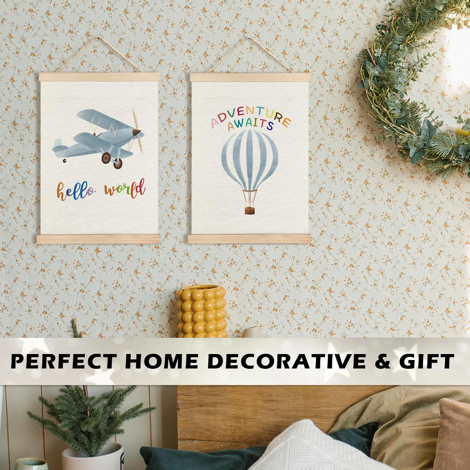 RYYCDOI Hot Air Balloon Airplane Nursery Decor, Baby Boy Nursery Wall Decor, Airplane Hot Air Balloon Decor for Boys Room Nursery Toddler Playroom Hanging Sign, 12x16 Inch Set of 2