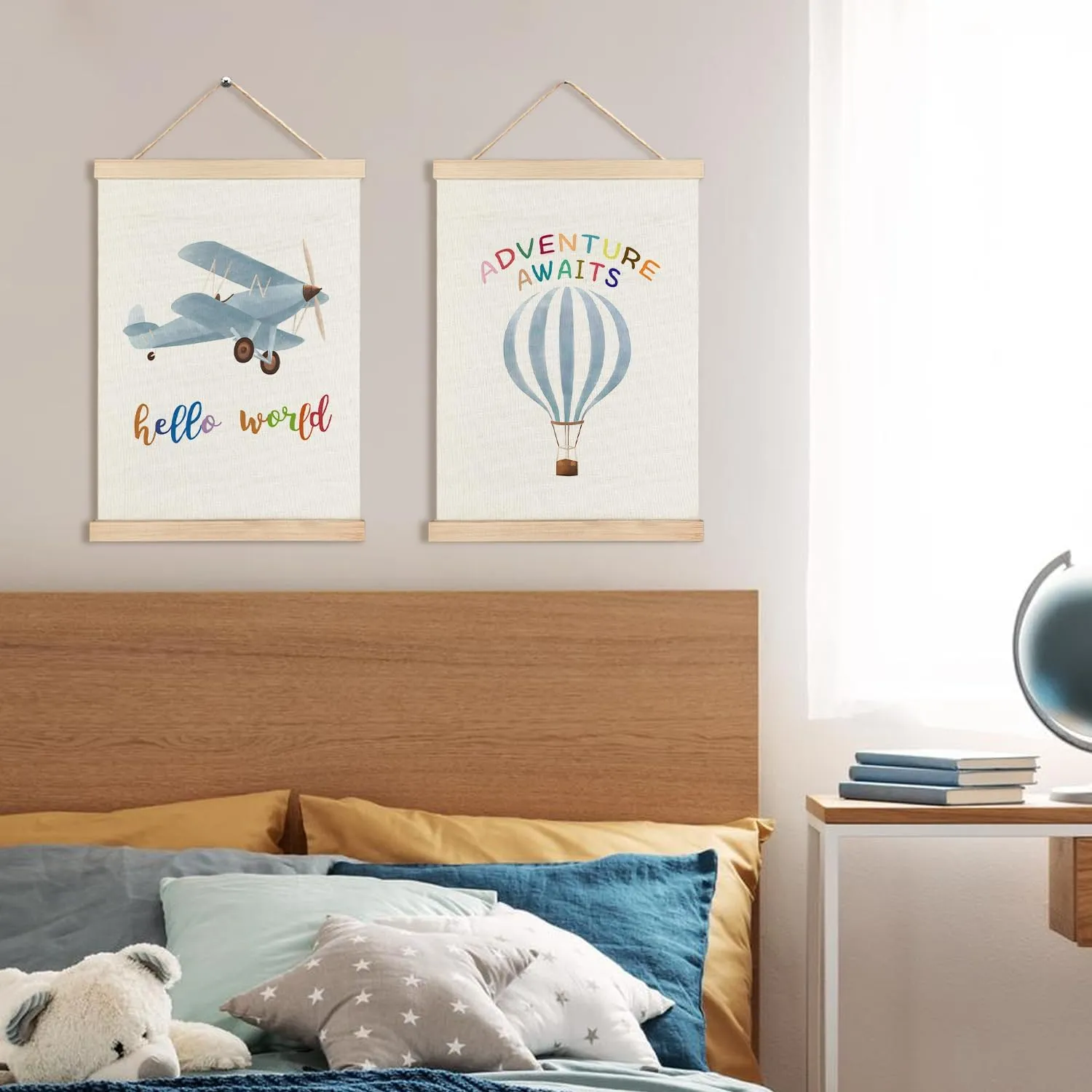 RYYCDOI Hot Air Balloon Airplane Nursery Decor, Baby Boy Nursery Wall Decor, Airplane Hot Air Balloon Decor for Boys Room Nursery Toddler Playroom Hanging Sign, 12x16 Inch Set of 2
