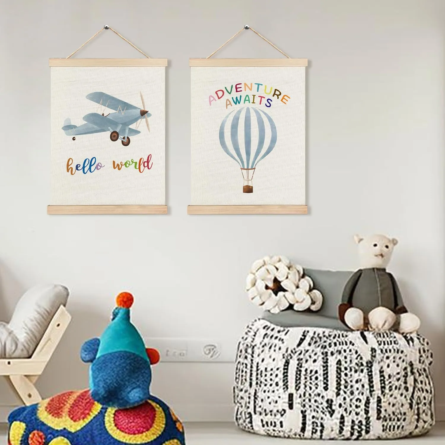 RYYCDOI Hot Air Balloon Airplane Nursery Decor, Baby Boy Nursery Wall Decor, Airplane Hot Air Balloon Decor for Boys Room Nursery Toddler Playroom Hanging Sign, 12x16 Inch Set of 2