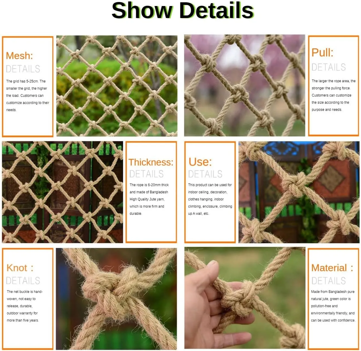Safety Net Hemp Rope Net for Kid,Pets Climbing Net Cargo Rope Ladder Truck Trailer Heavy Duty Netting Balcony Stair Playground Protection Net Plant Support Jute Netting(4Mx6M(13.1FTx19.7FT))