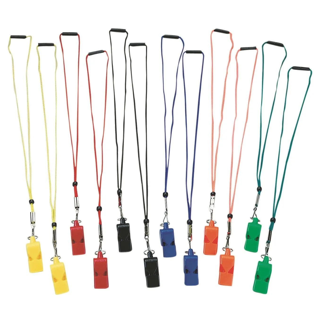 S&S Worldwide Arbiter Pealess Whistle and Breakaway Lanyard. Extremely Loud ABS Plastic Whistles. 2 Each in 6 with Matching Colored Breakaway Lanyards. Set of 12.