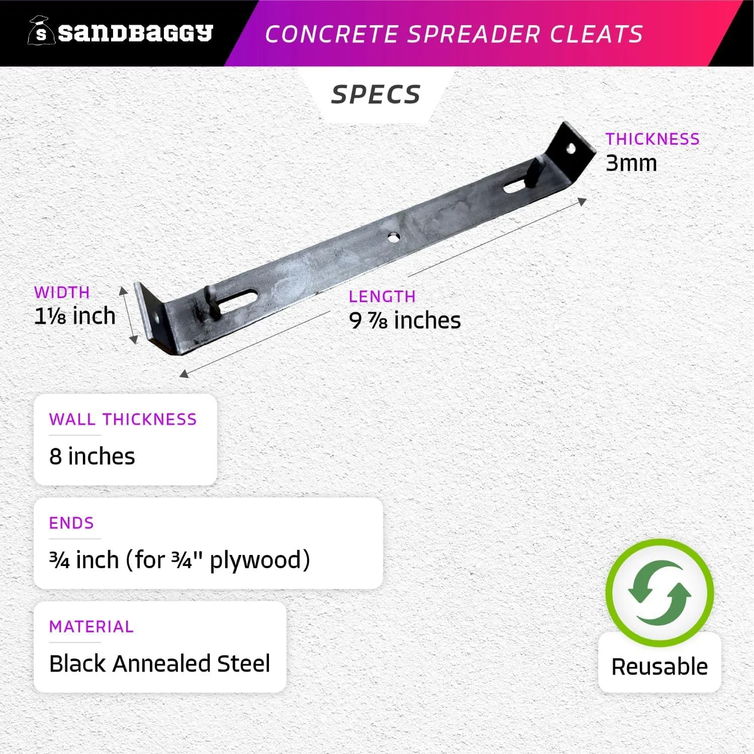 Sandbaggy 8" Concrete Spreader Cleats - ¾ Plywood - Form Clips - Black Annealed Steel - Maintains Consistent 8 inch Wall Thickness (8" x 3/4", 80)