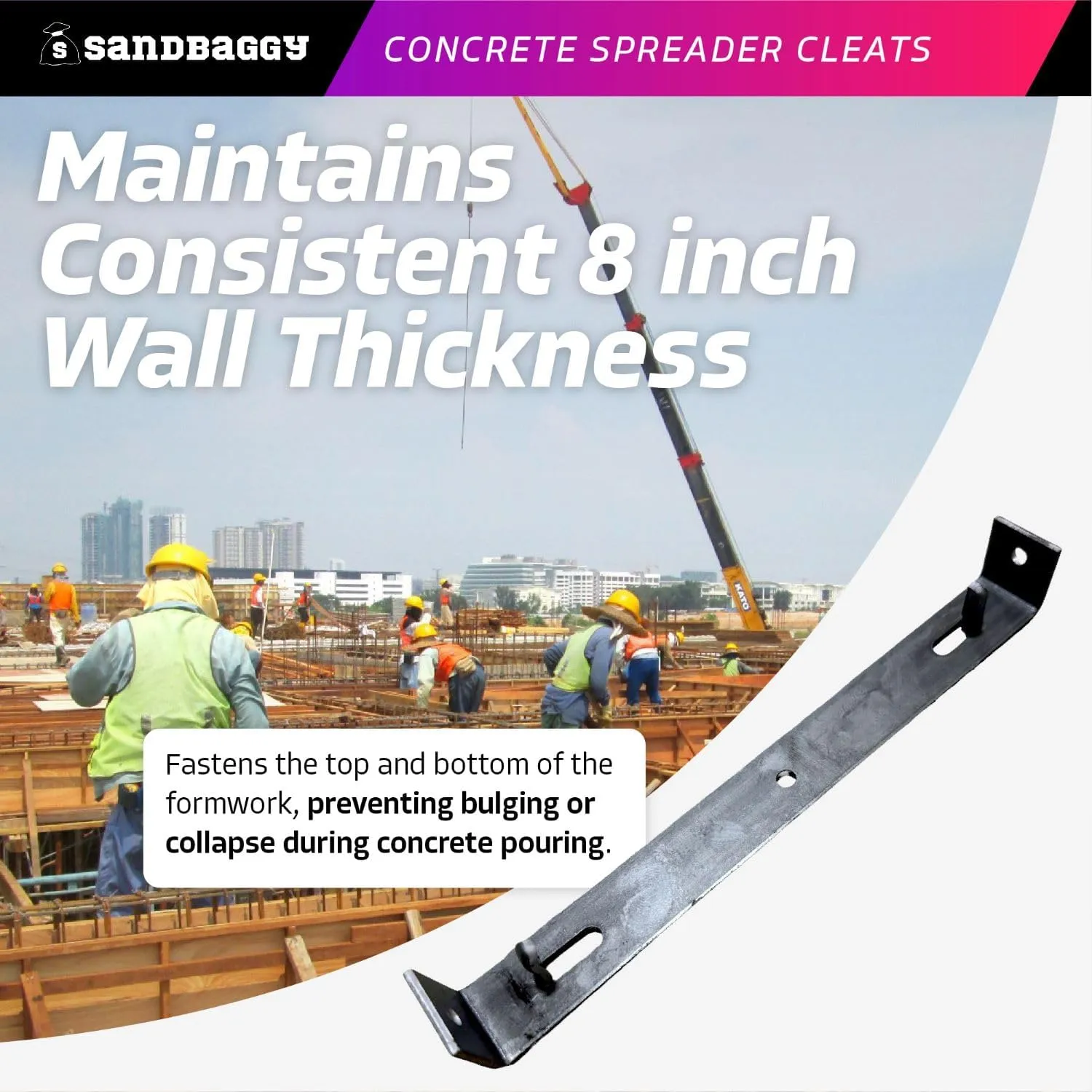 Sandbaggy 8" Concrete Spreader Cleats - ¾ Plywood - Form Clips - Black Annealed Steel - Maintains Consistent 8 inch Wall Thickness (8" x 3/4", 80)