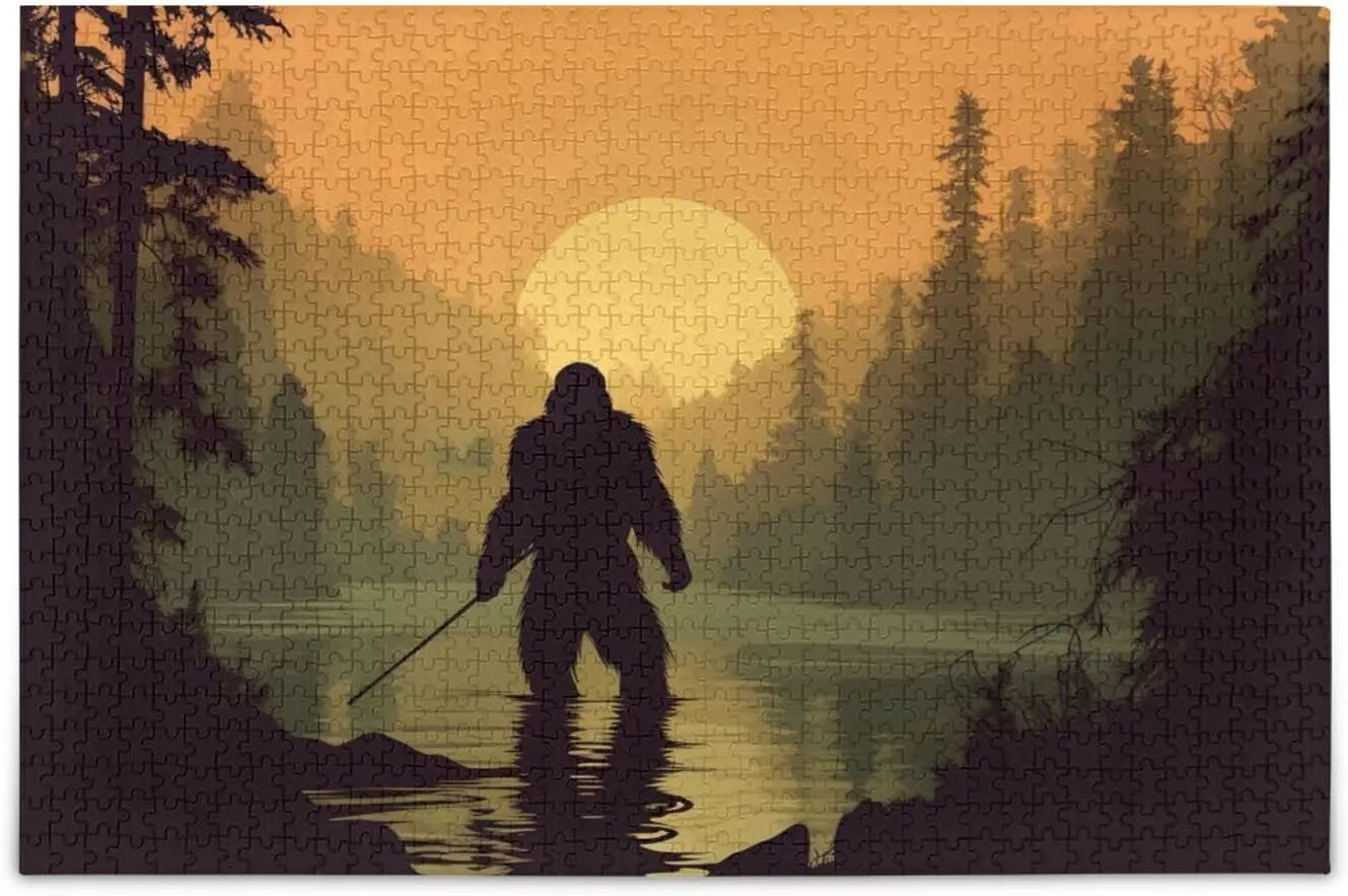 Sasquatch Fishing Sunset Jigsaw Puzzle 1000 Piece, Educational Intellectual Decompression Puzzle Game Jigsaw Puzzle for Adult Active Thinking Party Entertainment, Family Games