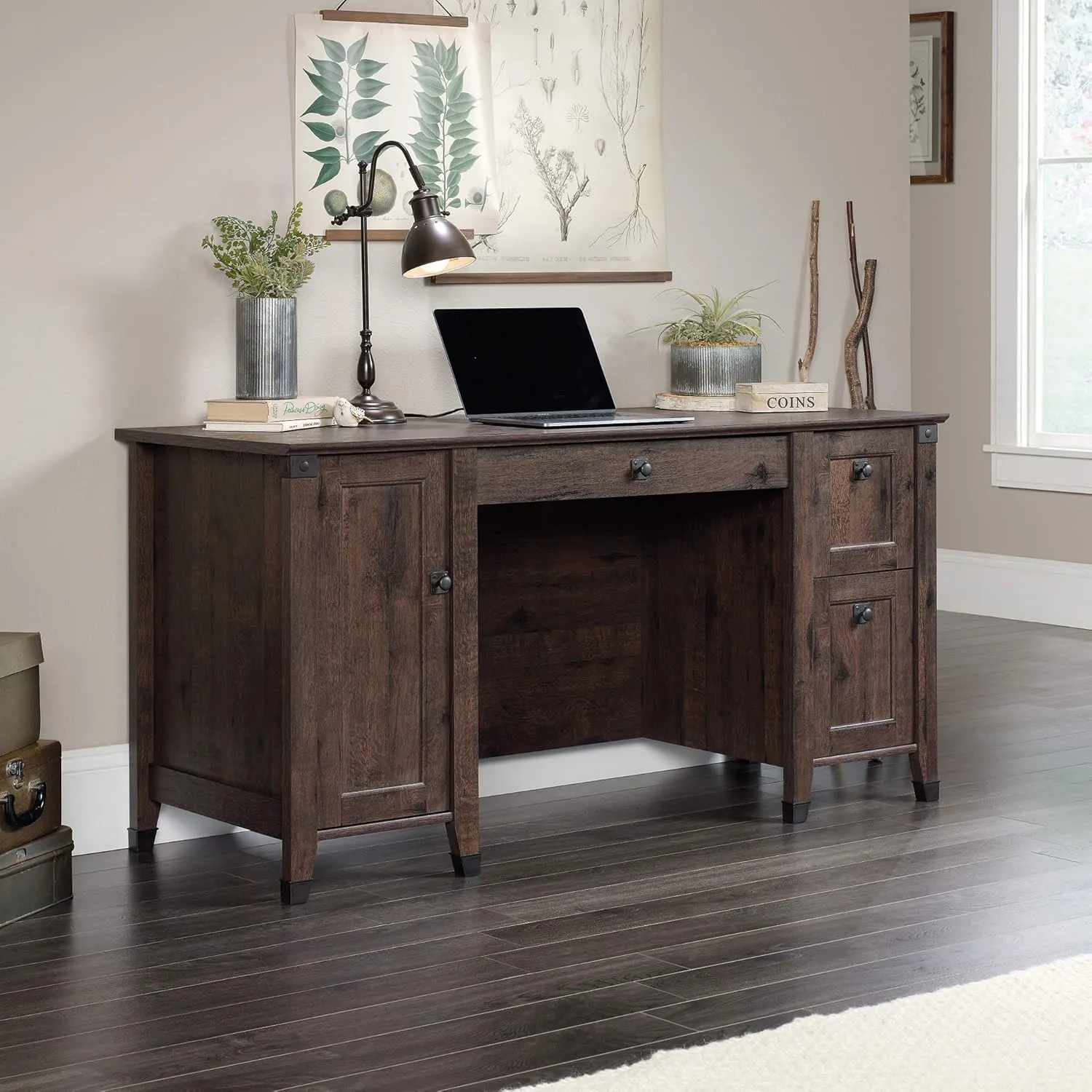 Sauder Carson Forge Rustic Vintage Computer Desk with Drawers Storage, 59.06" L x 23.47" W x 29.53" H, Coffee Oak