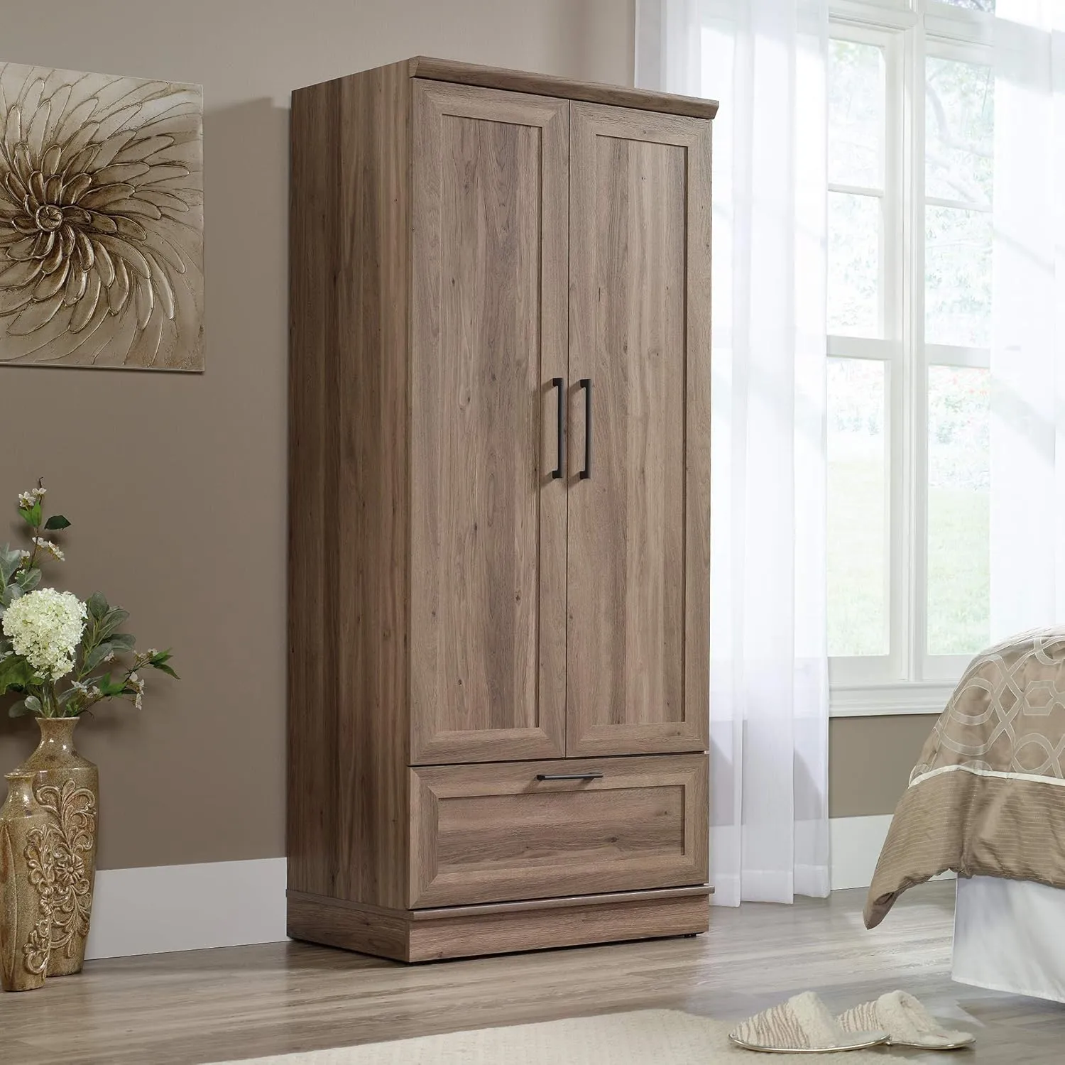 Sauder HomePlus Bedroom Armoire Wardrobe Closet Clothes Storage with Hanging Rail, Pantry Storage Cabinet with Storage Drawer, in Salt Oak