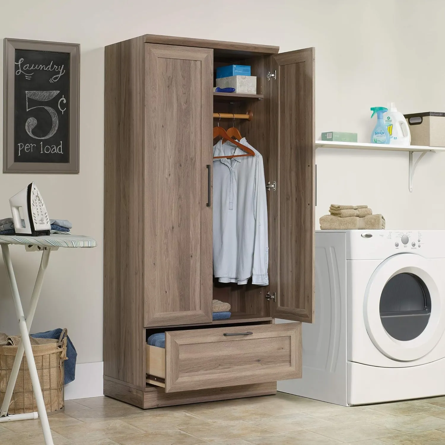 Sauder HomePlus Bedroom Armoire Wardrobe Closet Clothes Storage with Hanging Rail, Pantry Storage Cabinet with Storage Drawer, in Salt Oak