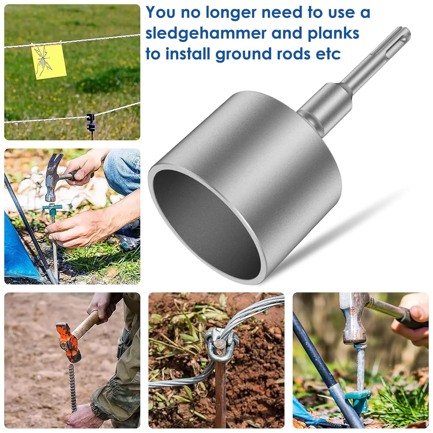 SDS Plus T-Post Ground Rod Driver, 30/45/65mm Forged Steel Drill Bit Driver, Heavy Duty Hammer Drill Rod Converter, Save Time Ground Rod Driver Tool for Rotary Hammer Drill Ground Rods (2.56inch)