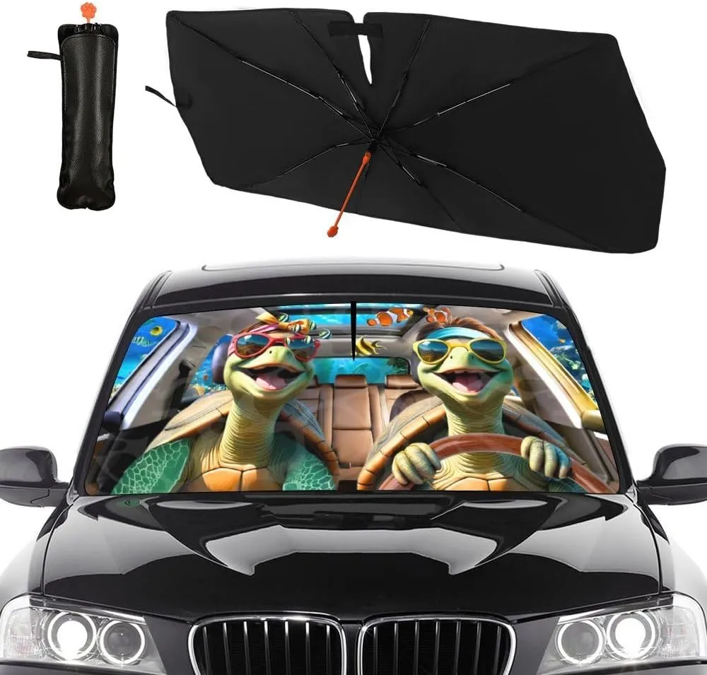 Sea Turtle Car Umbrella Sun Shade Cover Funny Foldable Car Windshield Sun Shade Umbrella Full Cover Shade Block UV Rays Heat Keep Vehicle Cool for Cars SUV Trucks 57"x 30"